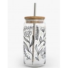 Floral line art Decorated glass with lid and straw 18oz / 53 cl