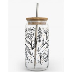 Floral line art Decorated glass with lid and straw 18oz / 53 cl