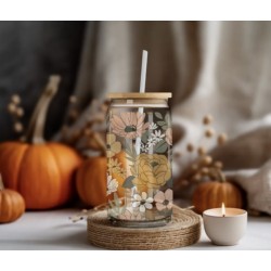 Autumn flowers Decorated glass with lid and straw 16oz / 45 cl