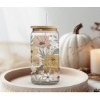 Autumn flowers Decorated glass with lid and straw 16oz / 45 cl