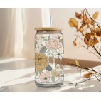 Autumn flowers Decorated glass with lid and straw 16oz / 45 cl